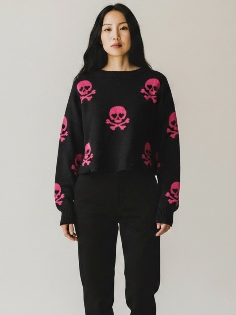 Beach Riot Skull Print Sweater Size S Small Black and Pink